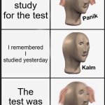 Nooooo | I didn't study for the test; I remembered I studied yesterday; The test was 2 days ago | image tagged in memes,panik kalm panik | made w/ Imgflip meme maker