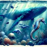 marine life, octopus, whale, sea horse