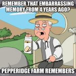 Pepperidge Farm Remembers | REMEMBER THAT EMBARRASSING MEMORY FROM 4 YEARS AGO? PEPPERIDGE FARM REMEMBERS | image tagged in memes,pepperidge farm remembers | made w/ Imgflip meme maker