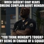 Sargent gray | WHEN SARGENT GRAY HEARS SOMEONE COMPLAIN ABOUT MONDAYS; "YOU THINK MONDAY'S TOUGH? TRY BEING IN CHARGE OF A SQUAD!" | image tagged in sargent gray | made w/ Imgflip meme maker