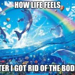 Happy dolphin rainbow | HOW LIFE FEELS; AFTER I GOT RID OF THE BODIES | image tagged in happy dolphin rainbow | made w/ Imgflip meme maker