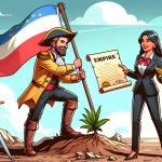 a cartoon of a colonizer holding a flag and planting it on a new