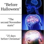 Because that's literally the definition of Chrismastime. | "When is Christmastime?"; "Before Halloween"; "The second November starts"; "25 days before Christmas"; "CHRISTMAS" | image tagged in memes,expanding brain | made w/ Imgflip meme maker