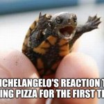 Totally tubuloso | MICHELANGELO'S REACTION TO SEEING PIZZA FOR THE FIRST TIME. | image tagged in happy baby turtle | made w/ Imgflip meme maker