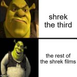 shrek the third should not be canon | shrek the third; the rest of the shrek films | image tagged in drake shrek | made w/ Imgflip meme maker