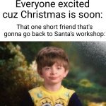 haha go make an iPhone | Everyone excited cuz Christmas is soon:; That one short friend that's gonna go back to Santa's workshop: | image tagged in annoyed kid,christmas,short,kids,holidays,relatable memes | made w/ Imgflip meme maker