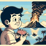 silly boy eating chilled meat and look over an fired island