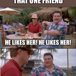 See Nobody Cares | EVERYBODY HAS THAT ONE FRIEND; HE LIKES HER! HE LIKES HER! SEE, EVERYBODY CARES | image tagged in memes,see nobody cares | made w/ Imgflip meme maker