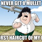 Peter Griffin Mullet Meme | NEVER GET A MULLET; WORST HAIRCUT OF MY LIFE | image tagged in worst mistake of my life,peter griffin,peter griffin running away,meme | made w/ Imgflip meme maker