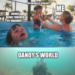 Roblox meme I made | FEATHER FAMILY BEING UNTOUCHED BY BRAINROT; ME; DOORS BEING TOUCHED BY BRAINROT; DANDY'S WORLD | image tagged in drowning kid skeleton | made w/ Imgflip meme maker