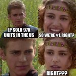 LP | LP SOLD 97K UNITS IN THE US; SO WE’RE #1, RIGHT? RIGHT??? | image tagged in anakin padme 4 panel | made w/ Imgflip meme maker