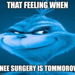 Knee surgery meme | THAT FEELING WHEN; KNEE SURGERY IS TOMMOROW | image tagged in blue grinch,memes | made w/ Imgflip meme maker