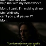 You dare Use my own spells against me | Me: Mom can you help me with my homework? Mom: I can’t, I’m making dinner. Me: Well why can’t you just pause it? Mom: | image tagged in you dare use my own spells against me,gaming,mom,dinner,homework | made w/ Imgflip meme maker