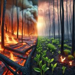 A split image showing a forest fire on one side and new plant gr