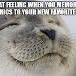 lol | THAT FEELING WHEN YOU MEMORIZE THE LYRICS TO YOUR NEW FAVORITE SONG: | image tagged in memes,satisfied seal | made w/ Imgflip meme maker