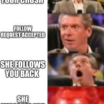 Mr. McMahon reaction | YOU FOLLOW YOUR CRUSH; FOLLOW REQUEST ACCEPTED; SHE FOLLOWS YOU BACK; SHE MESSAGES YOU 'HELLOOO' | image tagged in mr mcmahon reaction | made w/ Imgflip meme maker