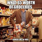 Groceries in 1965 | WHAT $5 WORTH OF GROCERIES; LOOKED LIKE IN 1965 | image tagged in grocery store,groceries,funny,relatable,lol,food | made w/ Imgflip meme maker