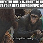 best friend forever | WHEN THE BULLY IS ABOUT TO HIT YOU BUT YOUR BEST FRIEND HELPS YOU OUT | image tagged in ape together strong,best friends | made w/ Imgflip meme maker