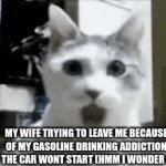 relatable am i right | MY WIFE TRYING TO LEAVE ME BECAUSE OF MY GASOLINE DRINKING ADDICTION BUT THE CAR WONT START (HMM I WONDER WHY) | image tagged in gifs,relatable am i right | made w/ Imgflip video-to-gif maker