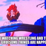 , | ME WATCHING WRESTLING AND THE MOST GRUESOME THINGS ARE HAPPENING | image tagged in ssj4 gogeta sitting | made w/ Imgflip meme maker