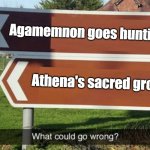 What could go wrong | Agamemnon goes hunting; Athena's sacred grove | image tagged in what could go wrong | made w/ Imgflip meme maker