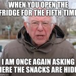 Bernie Sanders Once Again Asking | WHEN YOU OPEN THE FRIDGE FOR THE FIFTH TIME; I AM ONCE AGAIN ASKING WHERE THE SNACKS ARE HIDING | image tagged in bernie sanders once again asking | made w/ Imgflip meme maker