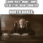 What Exists In North Korea Is Illegal In North Korea | COUNTRIES: MAKE LAWS TO BETTER THEIR COUNTRY; NORTH KOREA: | image tagged in gifs,memes,illegal,north korea,laws,countries | made w/ Imgflip video-to-gif maker