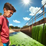 Dam water with algae and a kid being disgusted