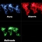 World map with ports, airports, railroads