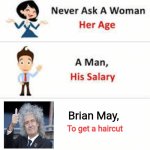 Calling all Queen fans | Brian May, To get a haircut | image tagged in never ask a woman her age | made w/ Imgflip meme maker