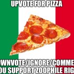 Upvote for pizza | UPVOTE FOR PIZZA; DOWNVOTE/IGNORE/COMMENT IF YOU SUPPORT ZOOPHILE RIGHTS | image tagged in the italian flag,pizza,memes | made w/ Imgflip meme maker