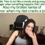 i swear my humor is broken | Me: Tries to act like a moody and grumpy teenager when something happens that i don't like; Also my broken sense of humor when my dad cracks a joke: | image tagged in sweet anita covering mouth,funny,memes | made w/ Imgflip meme maker