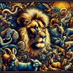 Fierce lion surrounded by other animals