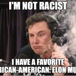 Elon Musk is my favorite African-American | I'M NOT RACIST; I HAVE A FAVORITE AFRICAN-AMERICAN: ELON MUSK | image tagged in elon musk smoking a joint,not racist,not political | made w/ Imgflip meme maker