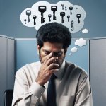 guy sitting in a office cubicle face palming and a thought bubbl