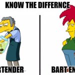 One tends bars, the other ends Barts | KNOW THE DIFFERNCE; BARTENDER                    BART ENDER | image tagged in know the difference psychic and side kick | made w/ Imgflip meme maker