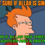 Not Sure If Allah Is Single; Or If Allah Has Three Daughters And A Partner | NOT SURE IF ALLAH IS SINGLE; OR IF ALLAH HAS THREE DAUGHTERS AND A PARTNER | image tagged in fry is not sure,religion,radical islam,islamic terrorism,abrahamic religions,god | made w/ Imgflip meme maker