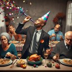 man celebrates at Thanksgiving while others scowl