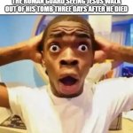 Surprised Black Guy | THE ROMAN GUARD SEEING JESUS WALK OUT OF HIS TOMB THREE DAYS AFTER HE DIED | image tagged in surprised black guy | made w/ Imgflip meme maker