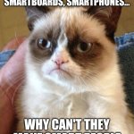 Have a Happy Thanksgiving! | THEY MAKE SMART TVS, SMARTBOARDS, SMARTPHONES... WHY CAN'T THEY MAKE SMART PEOPLE | image tagged in memes,grumpy cat,funny | made w/ Imgflip meme maker