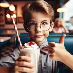 Young sheldon sipping milkshake through a straw with tumbs up