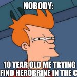 Futurama Fry | NOBODY:; 10 YEAR OLD ME TRYING TO FIND HEROBRINE IN THE CAVE | image tagged in memes,futurama fry | made w/ Imgflip meme maker