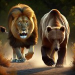 Lion stalking bear