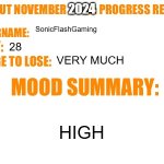 No Nut November 2023 Progress Report | 2024; SonicFlashGaming; 28; VERY MUCH; HIGH | image tagged in no nut november 2023 progress report | made w/ Imgflip meme maker