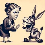 a woman discussing against a dumb laughing donkey