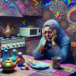 woman crying at a kitchen table