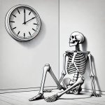 Skeleton looking at a clock