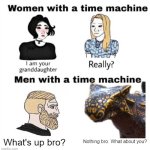 Yooo, what's up? | What's up bro? Nothing bro. What about you? | image tagged in men with a time machine | made w/ Imgflip meme maker