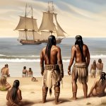 Native Americans watching European immigrants arrive