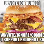 Burger & Fries | UPVOTE FOR BURGER; DOWNVOTE/IGNORE/COMMENT IF YOU SUPPORT PEDOPHILE RIGHTS | image tagged in burger fries | made w/ Imgflip meme maker